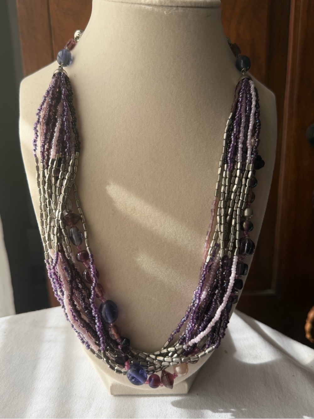 Purple Multi-Strand Beaded Statement Necklace | Lavender, Plum & Silver Tone